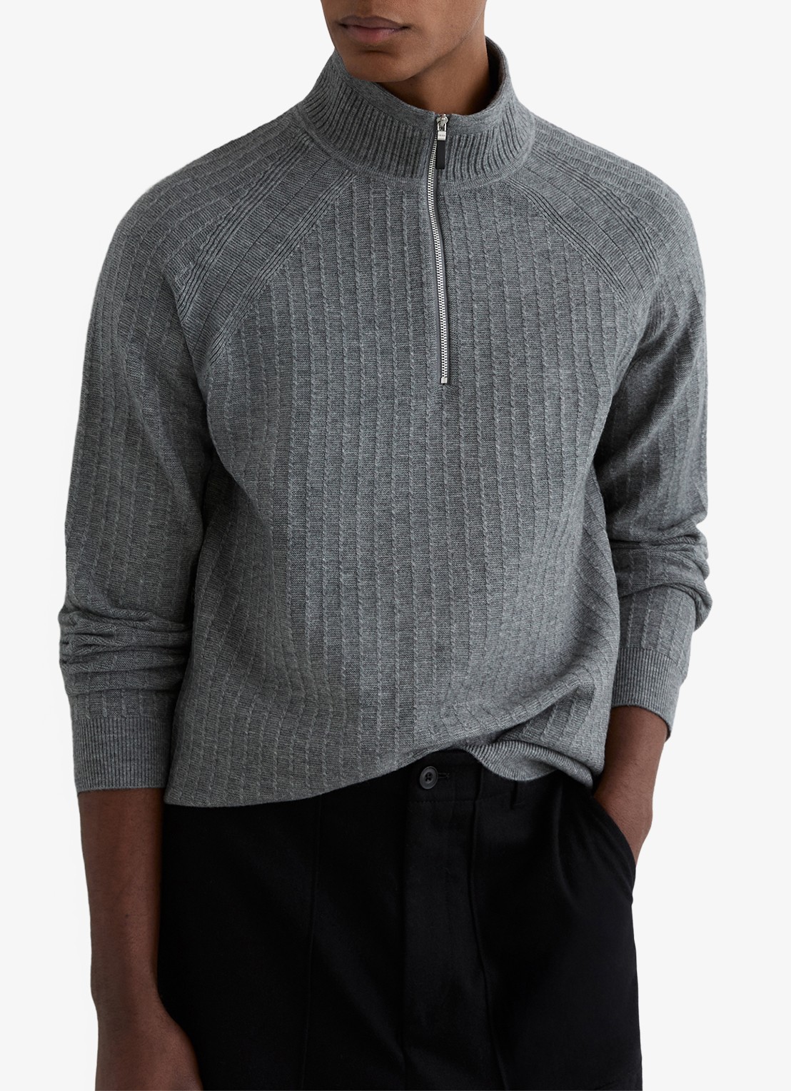 Reiss Aldershop grofgebreid trui met halve rits - detail 3 grijsmele