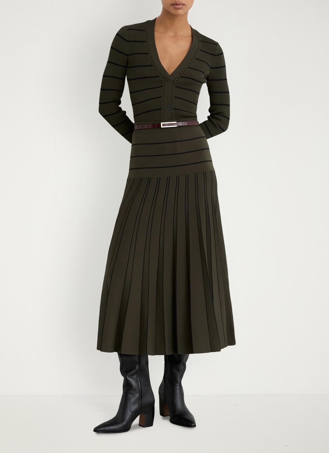 Reiss Alice midi jurk met plooien - detail khaki