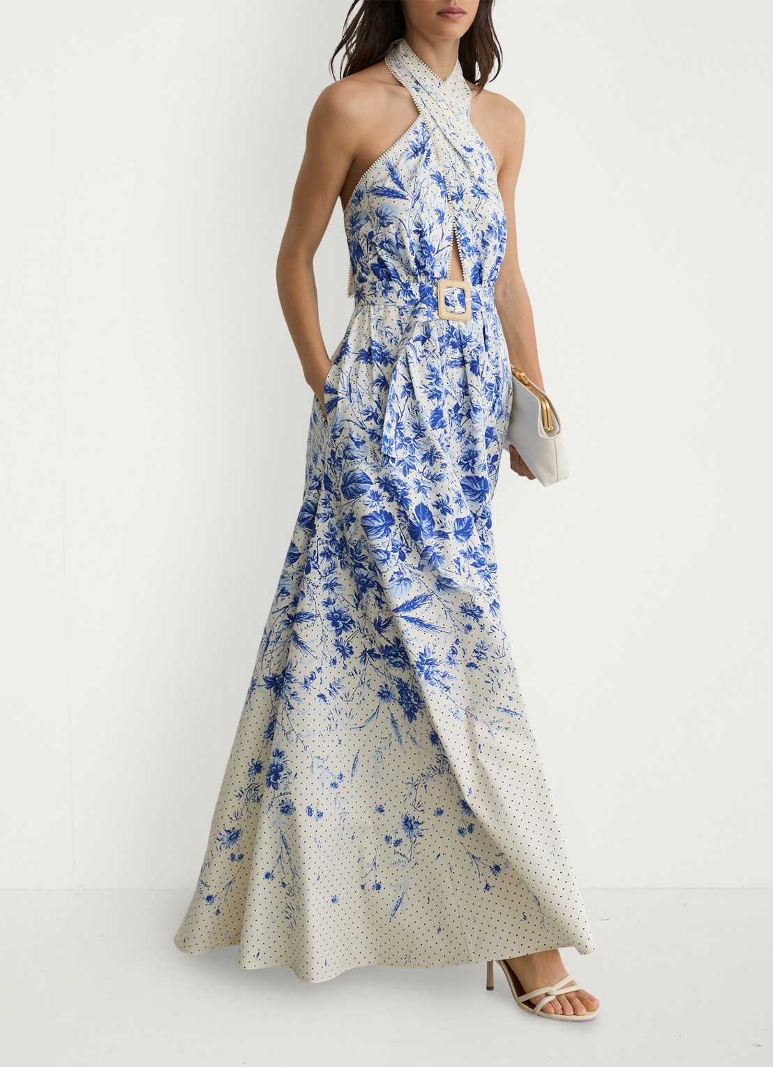 Reiss Amaya maxi jurk met bloemenprint - voorkant 2 blauw
