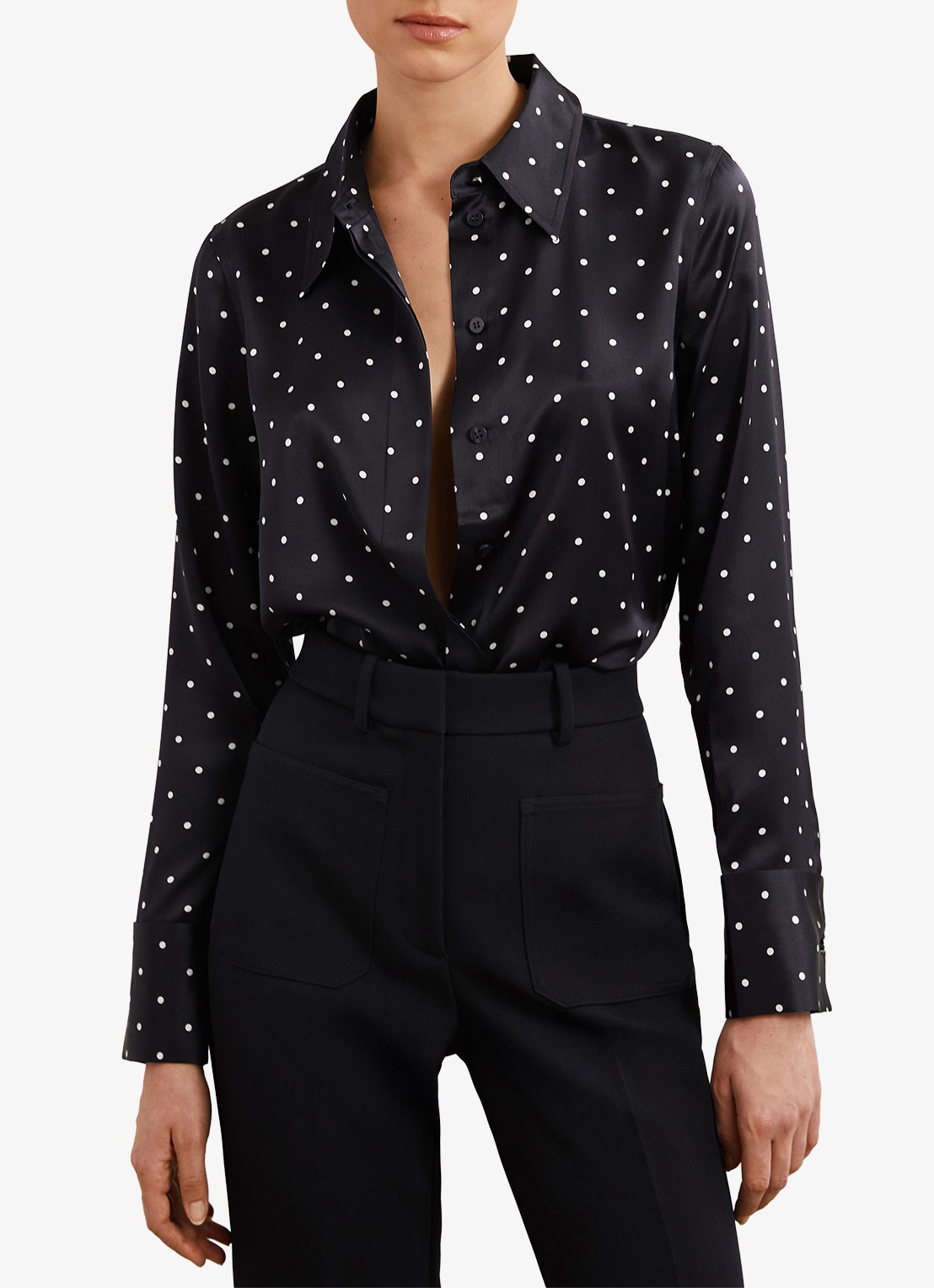 Reiss Ameira blouse van zijde met stippenprint - detail 4 donkerblauw
