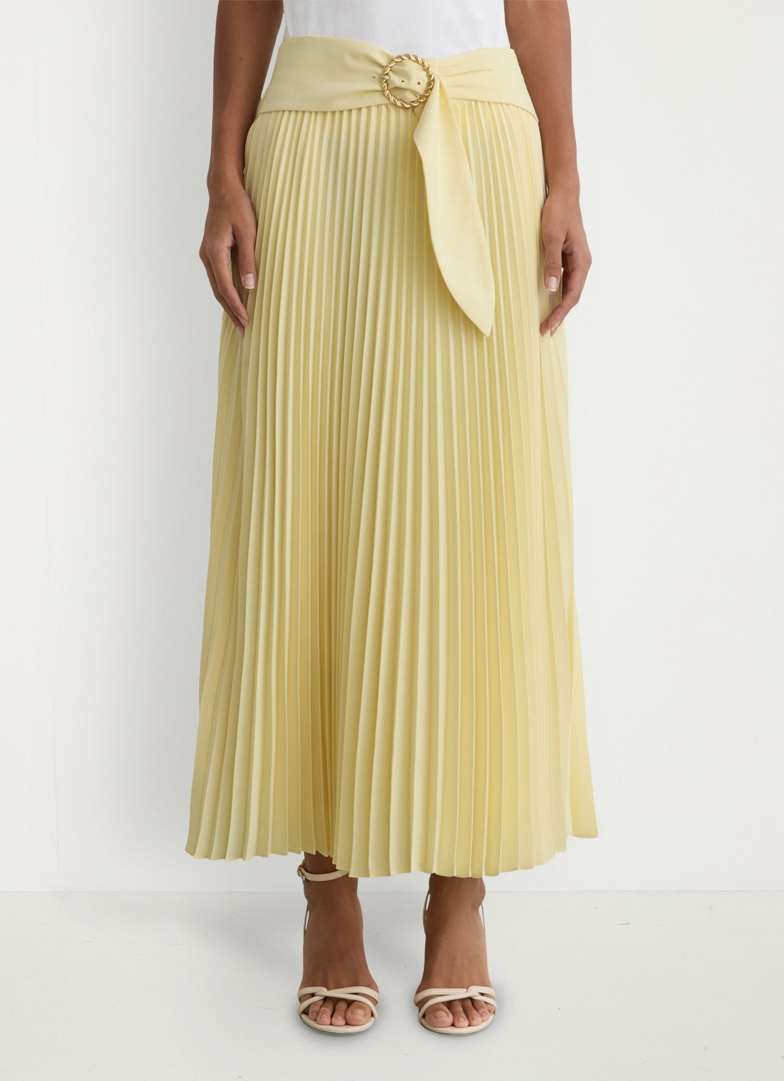 Reiss Amelie midi rok met plooien en ceintuur - detail geel