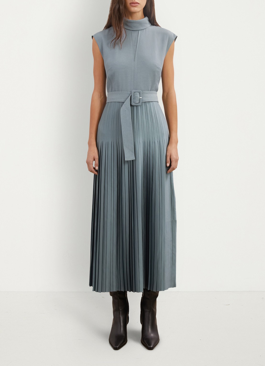 Reiss Ania midi jurk met plooien en col - detail 3 donkerblauw