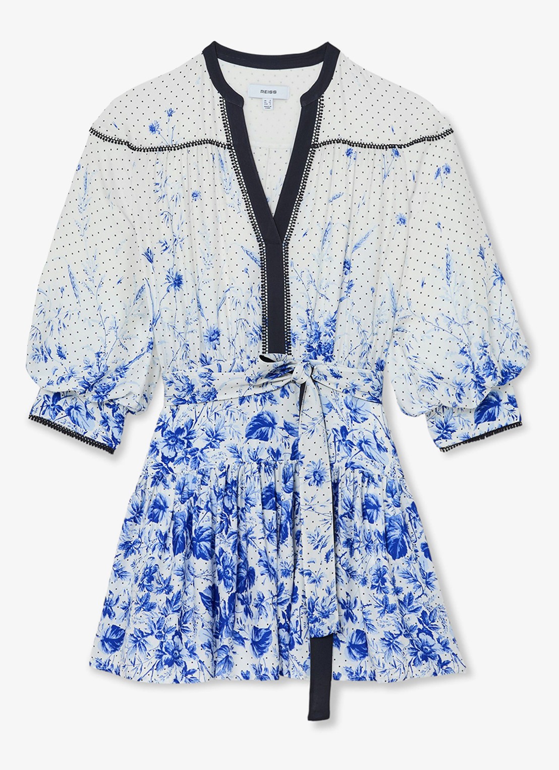 Reiss Anisa mini jurk met strikceintuur en bloemenprint - voorkant 2 blauw