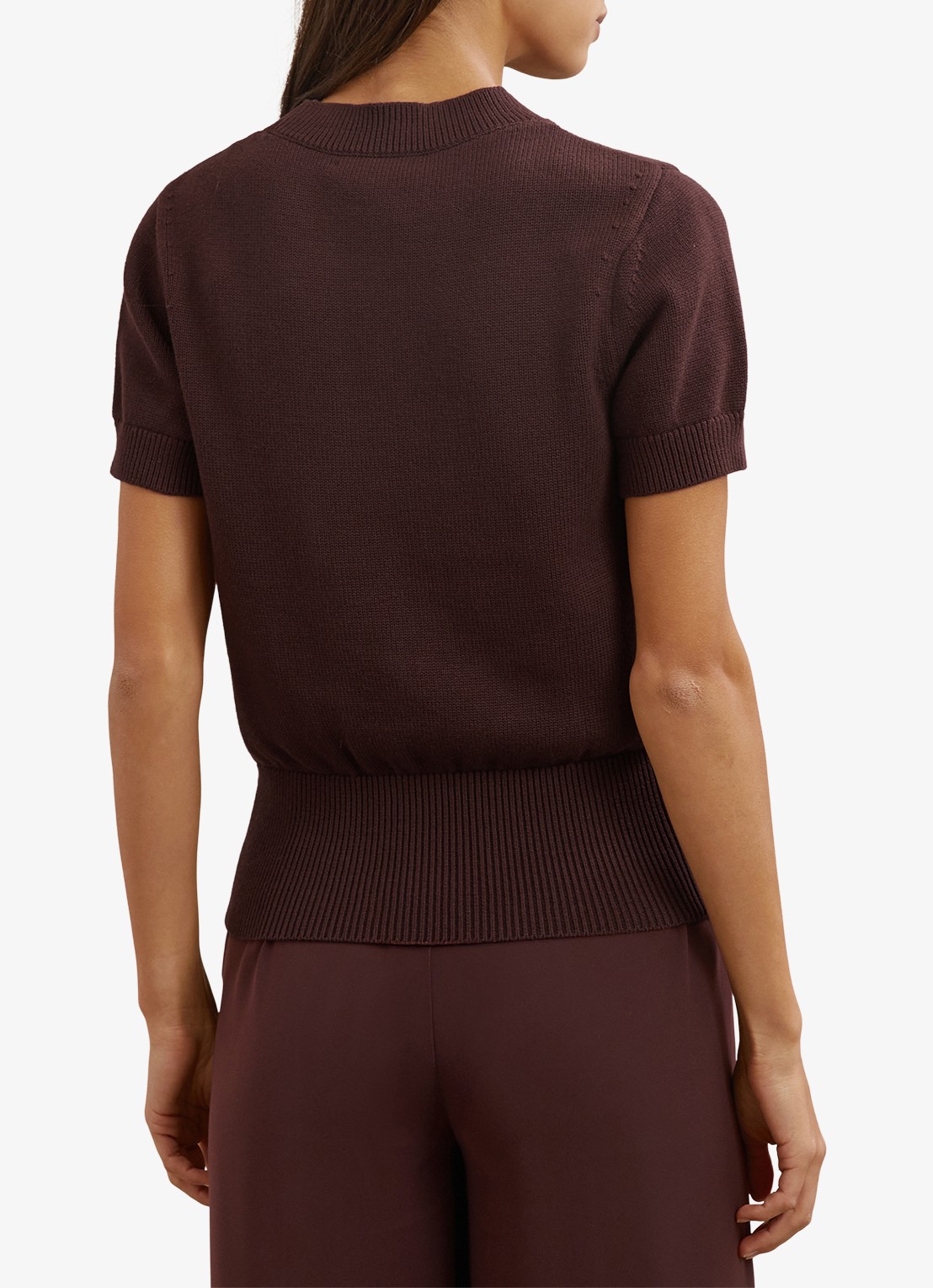 Reiss Anita fijngebreid T-shirt in wolblend - achterkant bordeauxrood