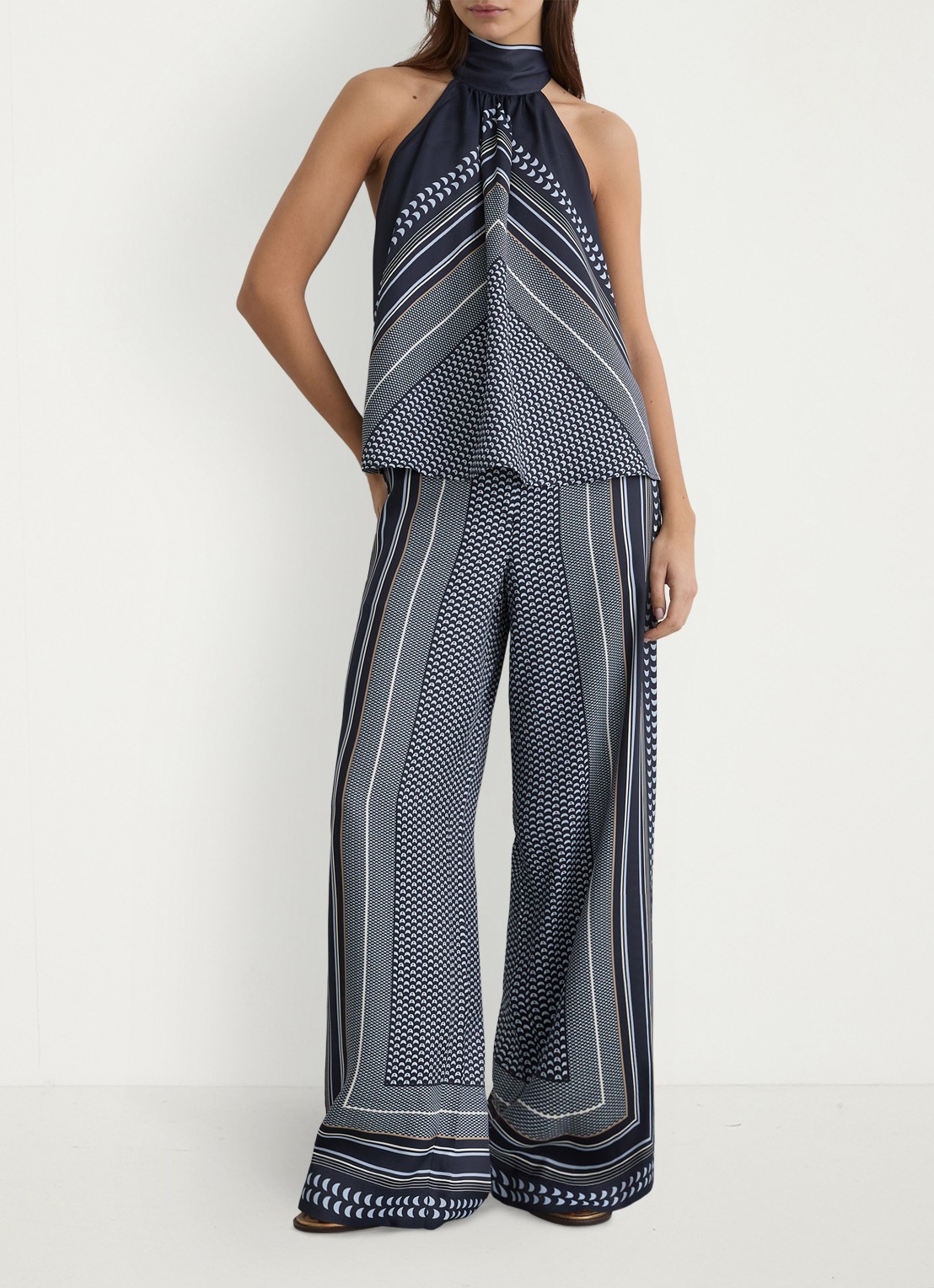 Reiss Anna high waist wide fit pantalon met print - detail 6 donkerblauw