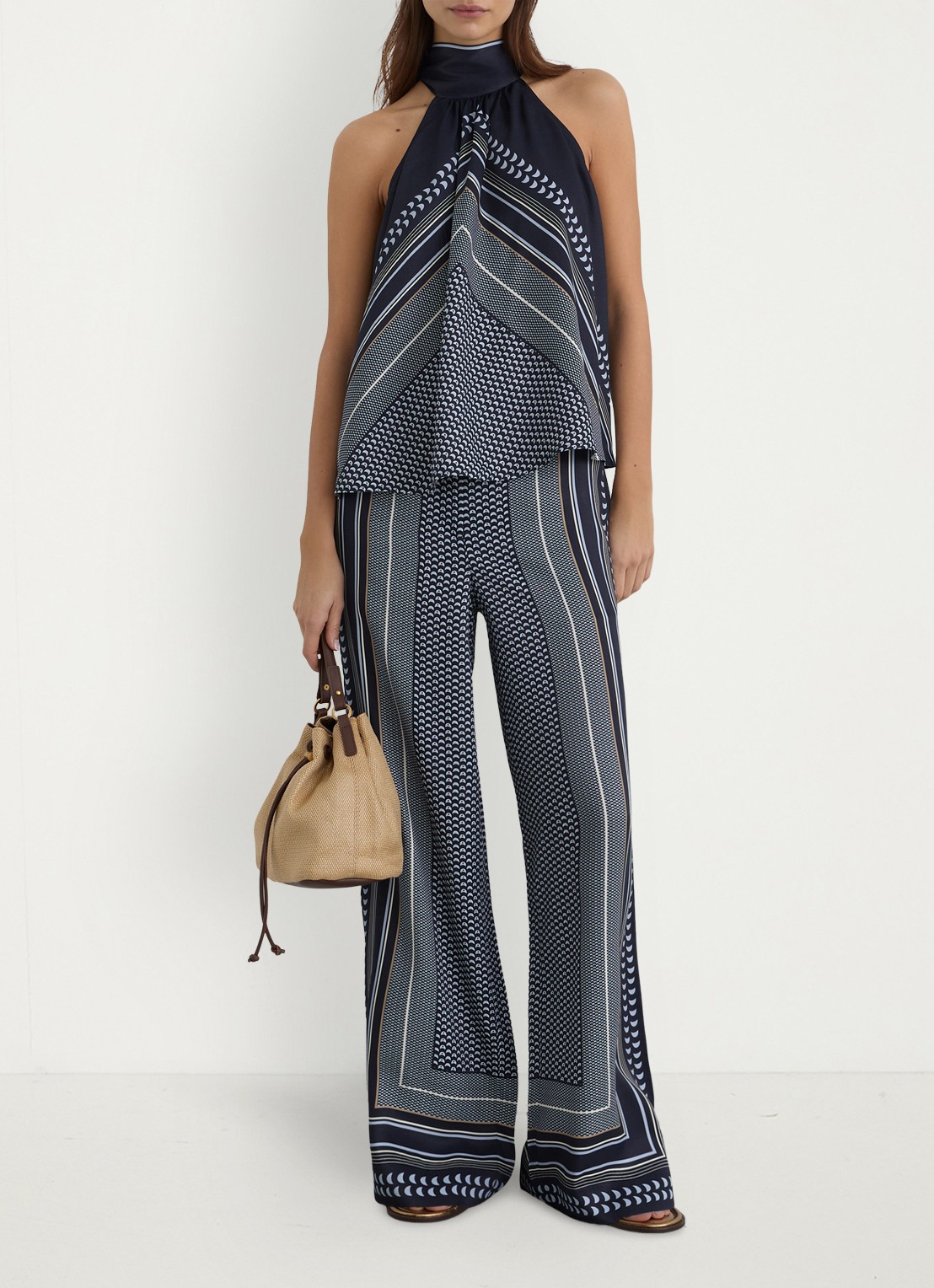 Reiss Anna high waist wide fit pantalon met print - voorkant 2 donkerblauw