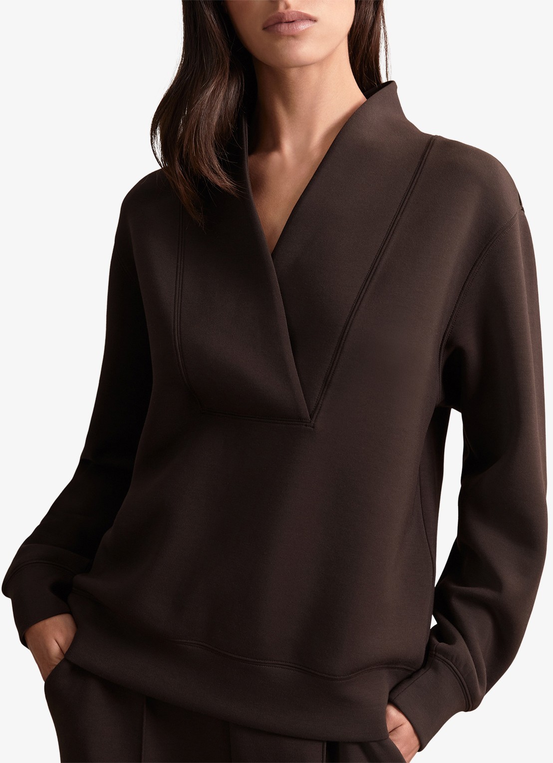 Reiss ANNABEL Premium Interlock Shawl-Neck Sweatshirt with Modal - detail 2 chocoladebruin