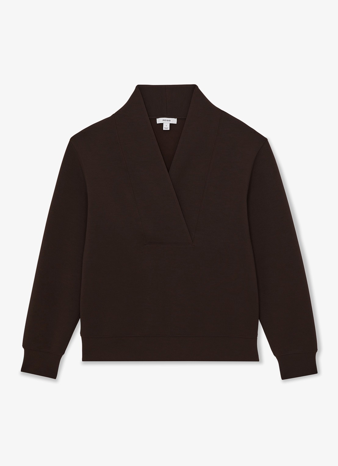Reiss ANNABEL Premium Interlock Shawl-Neck Sweatshirt with Modal - voorkant 4 chocoladebruin
