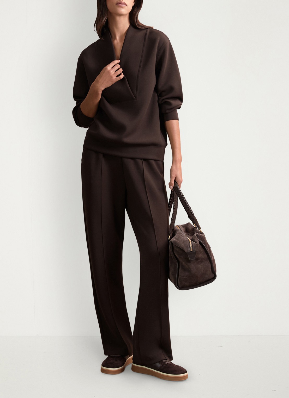 Reiss ANNABEL Premium Interlock Shawl-Neck Sweatshirt with Modal - voorkant 5 chocoladebruin