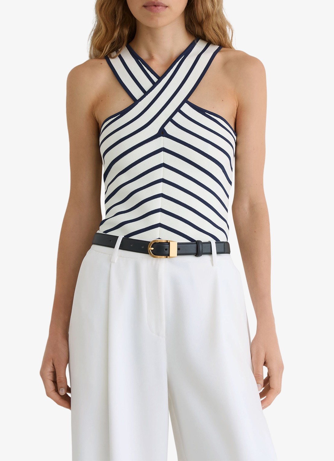 Reiss Aria fijngebreide top met streepprint - detail 3 wit / navy