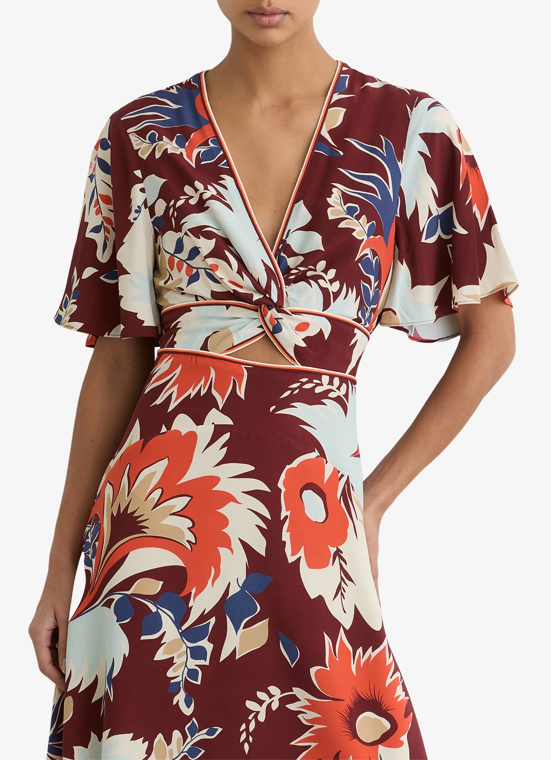 Reiss Asha midi jurk met print en cut-out details - detail bordeauxrood