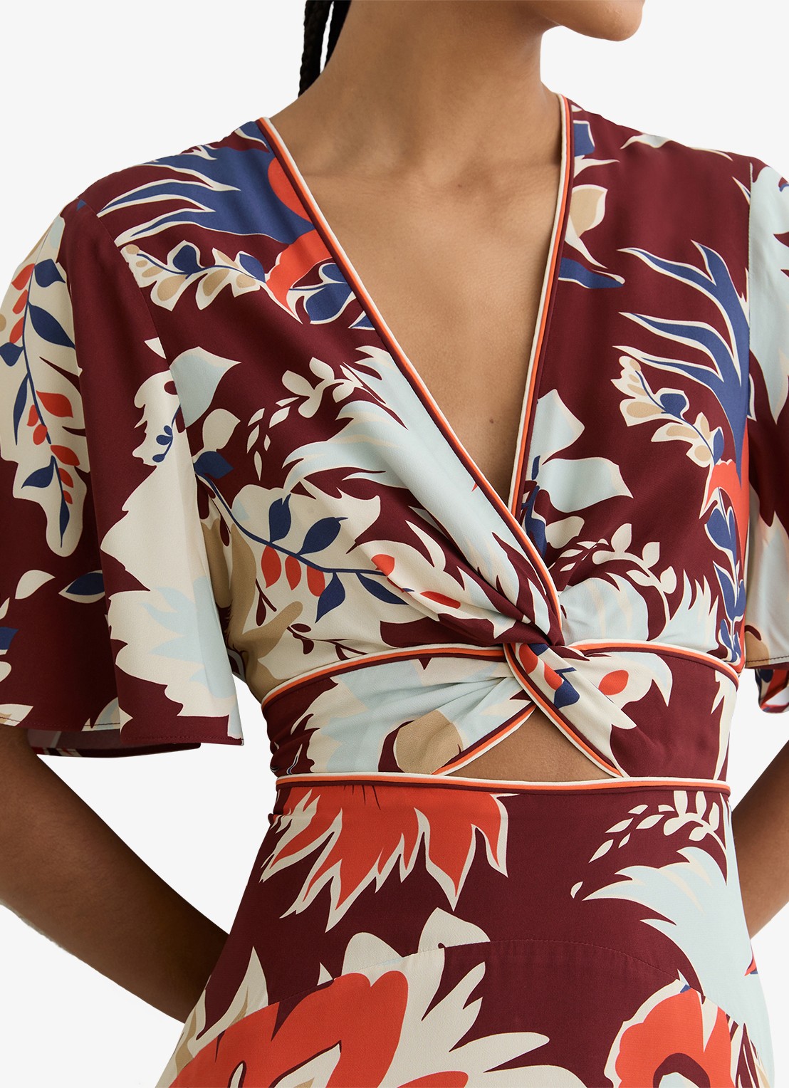 Reiss Asha midi jurk met print en cut-out details - detail 2 bordeauxrood