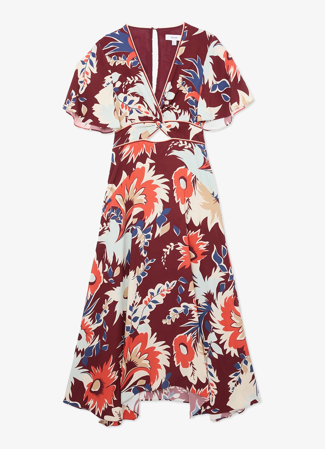 Reiss Asha midi jurk met print en cut-out details - voorkant 6 bordeauxrood