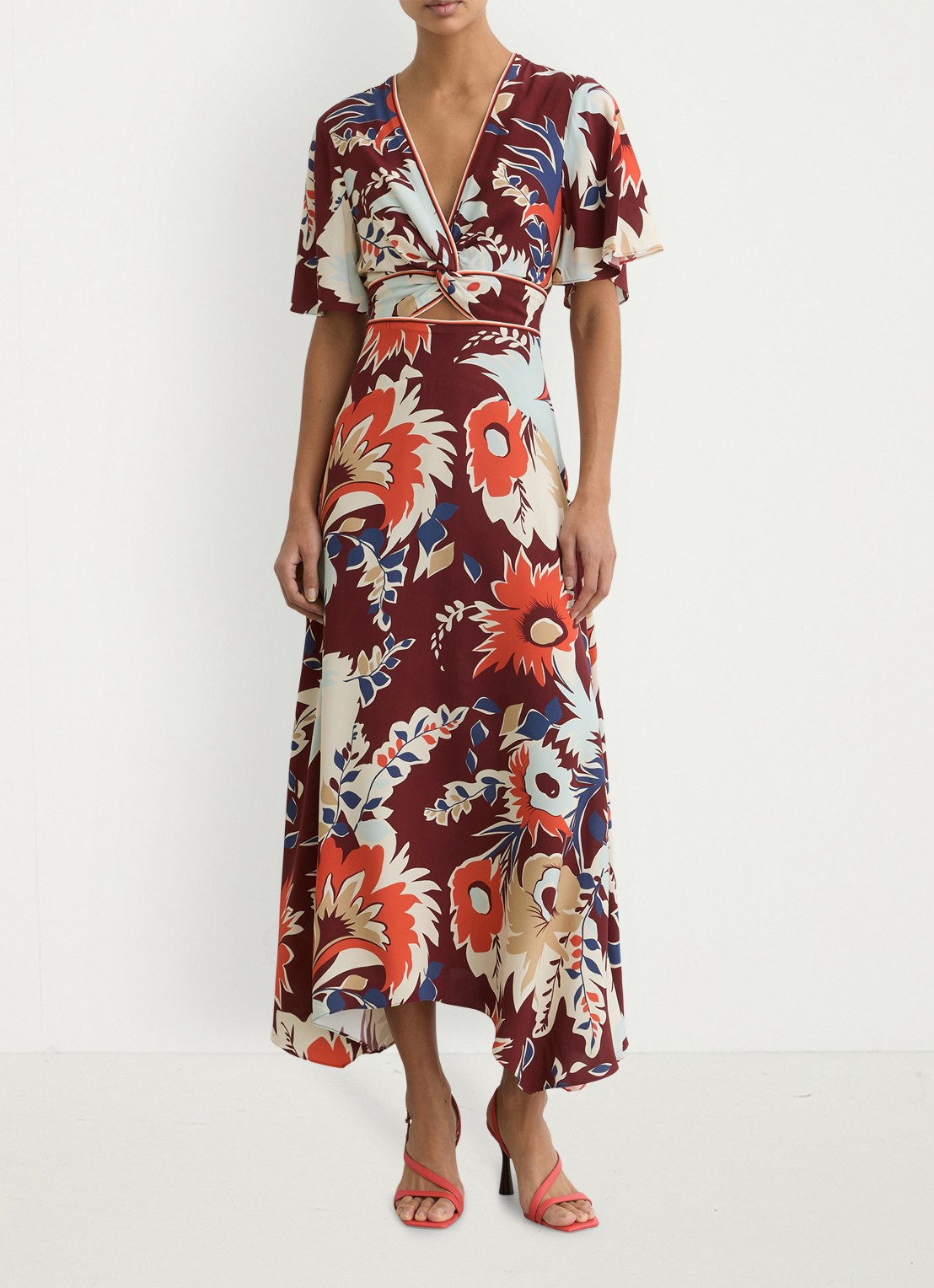 Reiss Asha midi jurk met print en cut-out details - voorkant 7 bordeauxrood