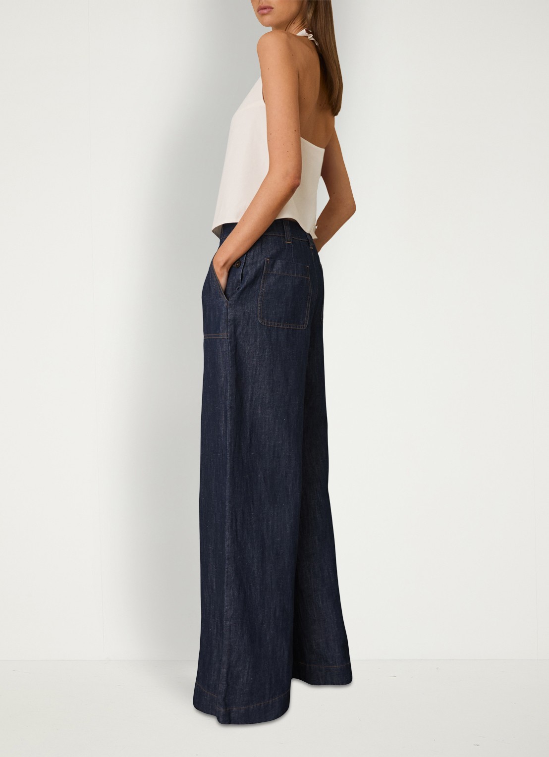 Reiss Ashby high waist fit broek van chambray - detail 5 indigo