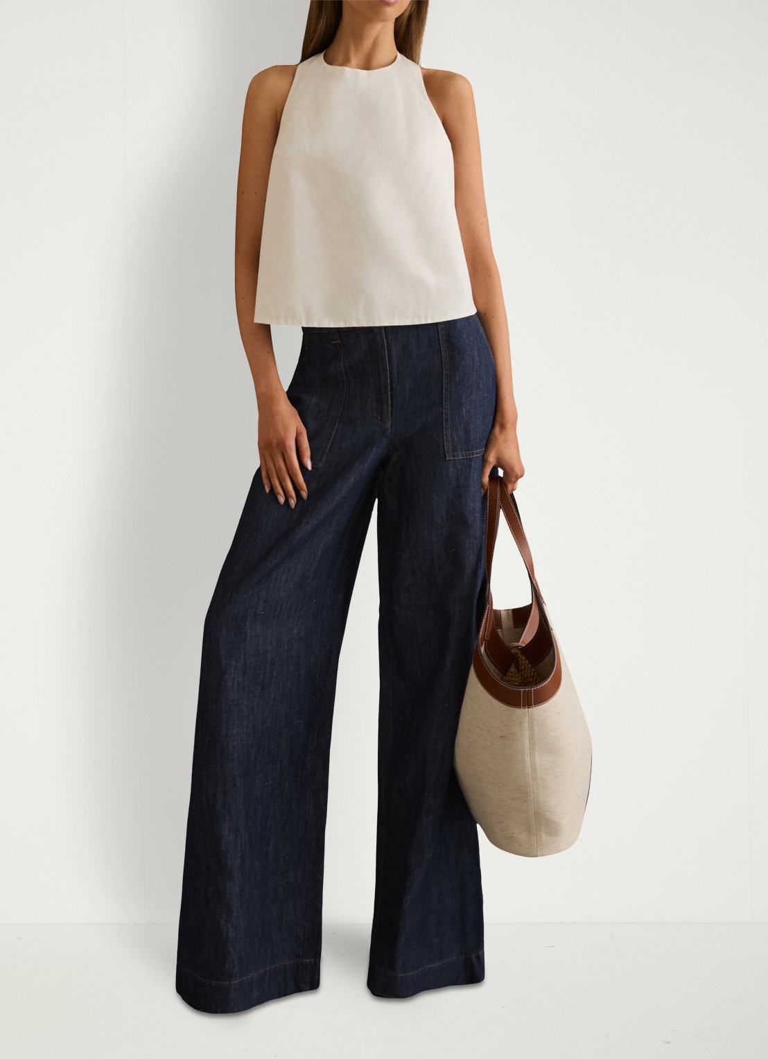 Reiss Ashby high waist fit broek van chambray - voorkant 3 indigo