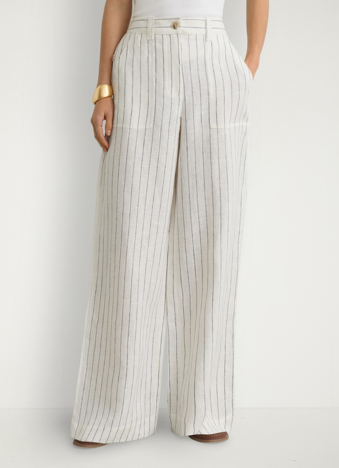Reiss Ashby high waist wide fit pantalon van linnen - detail 4 gebroken wit