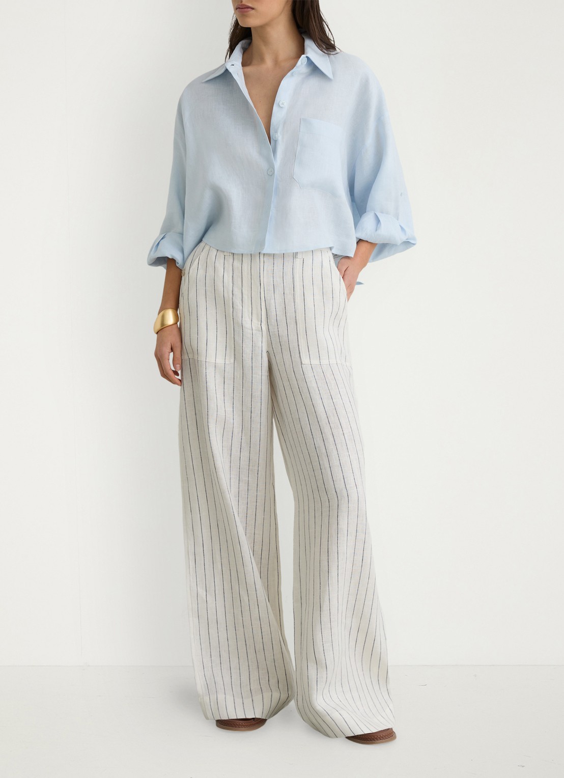 Reiss Ashby high waist wide fit pantalon van linnen - voorkant 3 gebroken wit