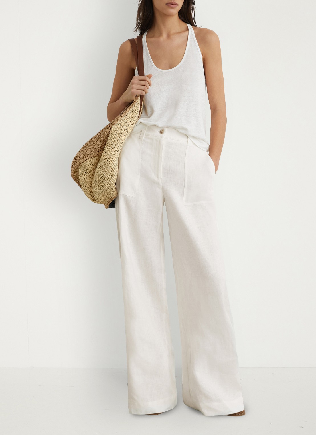 Reiss Ashby mid waist wide fit broek van linnen met steekzakken - voorkant 2 wit