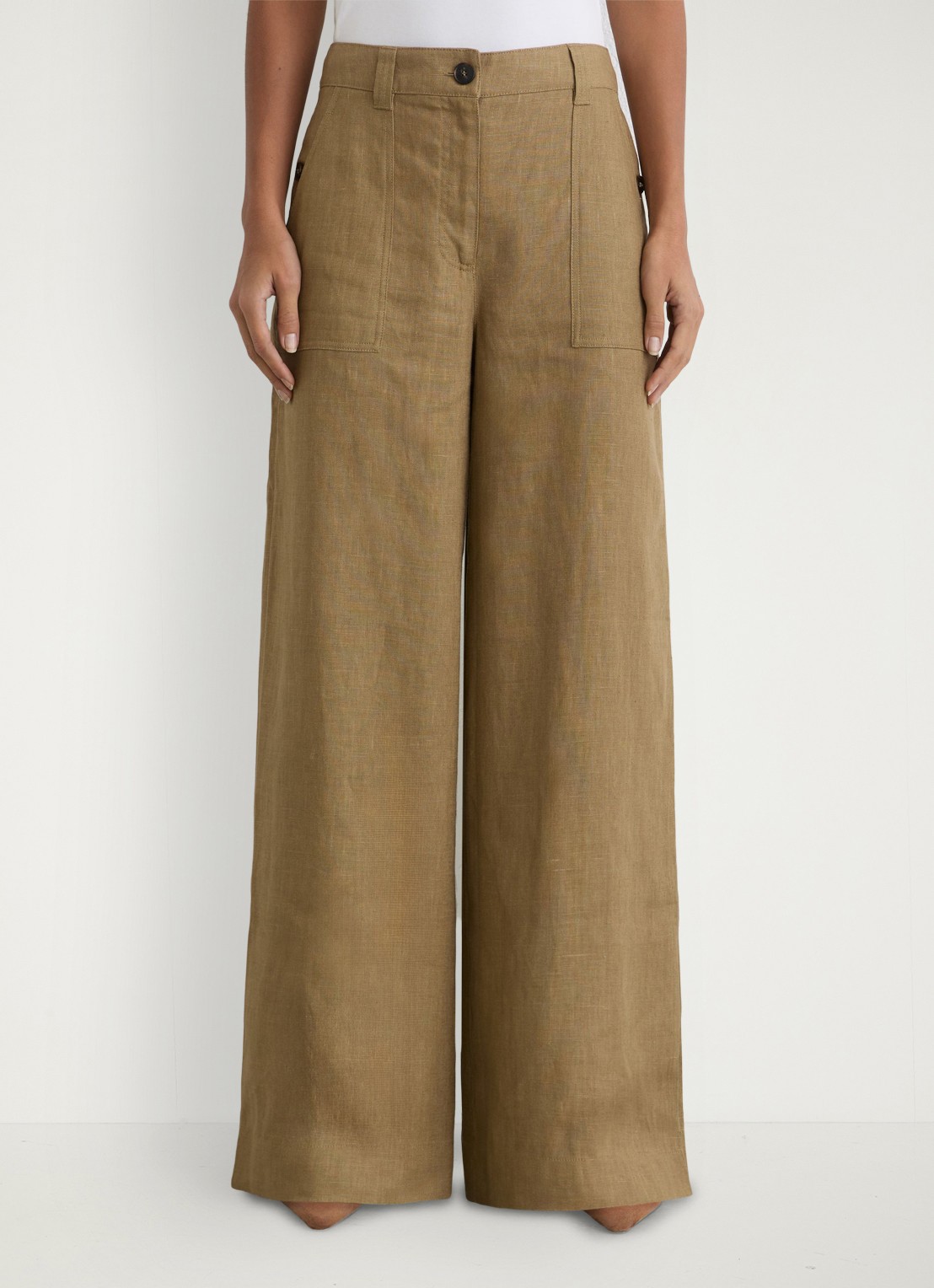 Reiss Ashby mid waist wide fit broek van linnen met steekzakken - detail 3 khaki