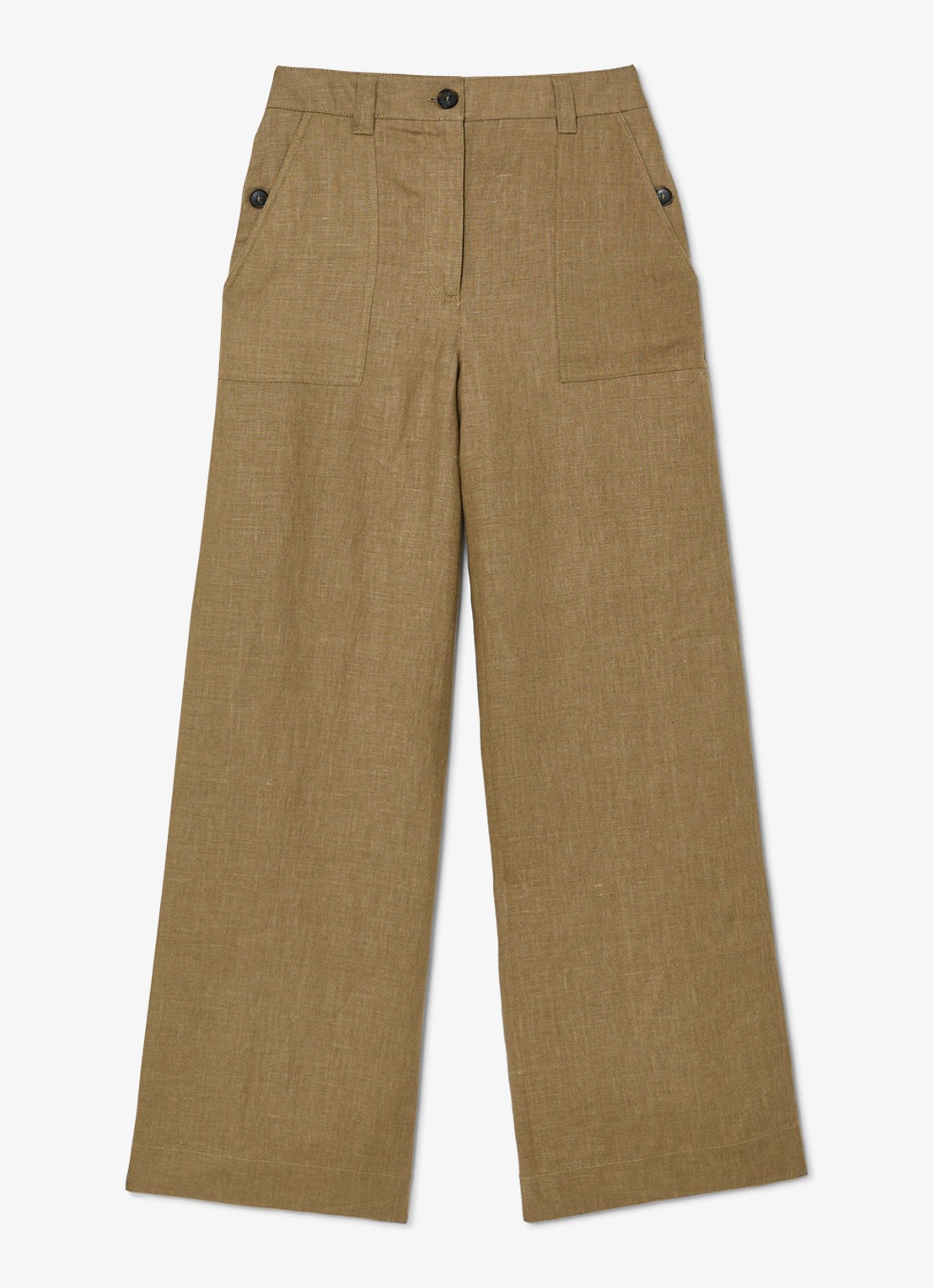 Reiss Ashby mid waist wide fit broek van linnen met steekzakken - voorkant khaki