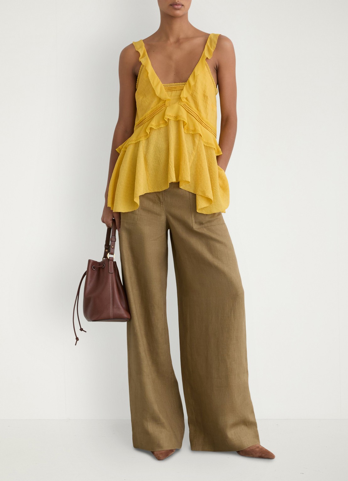 Reiss Ashby mid waist wide fit broek van linnen met steekzakken - voorkant 2 khaki