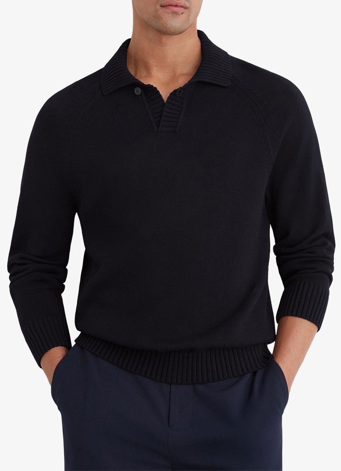 Reiss Ashdown Cotton Open-Collar Polo Jumper  - detail zwart
