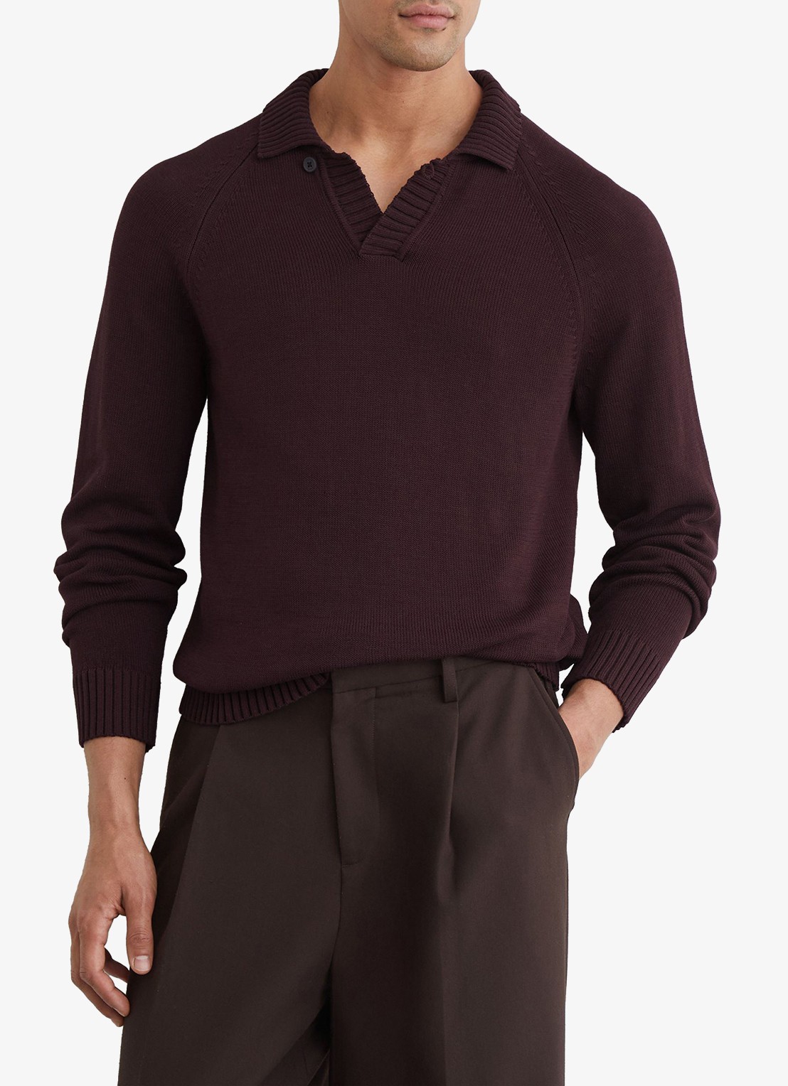Reiss Ashdown Cotton Open-Collar Polo Jumper  - detail 4 bordeauxrood