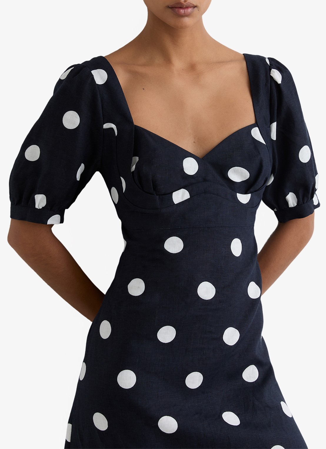 Reiss Astrid midi jurk van linnen met pofmouw - detail 6 zwart