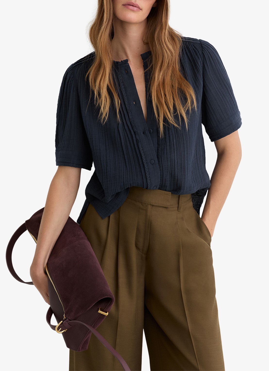 Reiss AURELIA Cotton Cheesecloth Frill-Neck Top - detail 4 donkerblauw