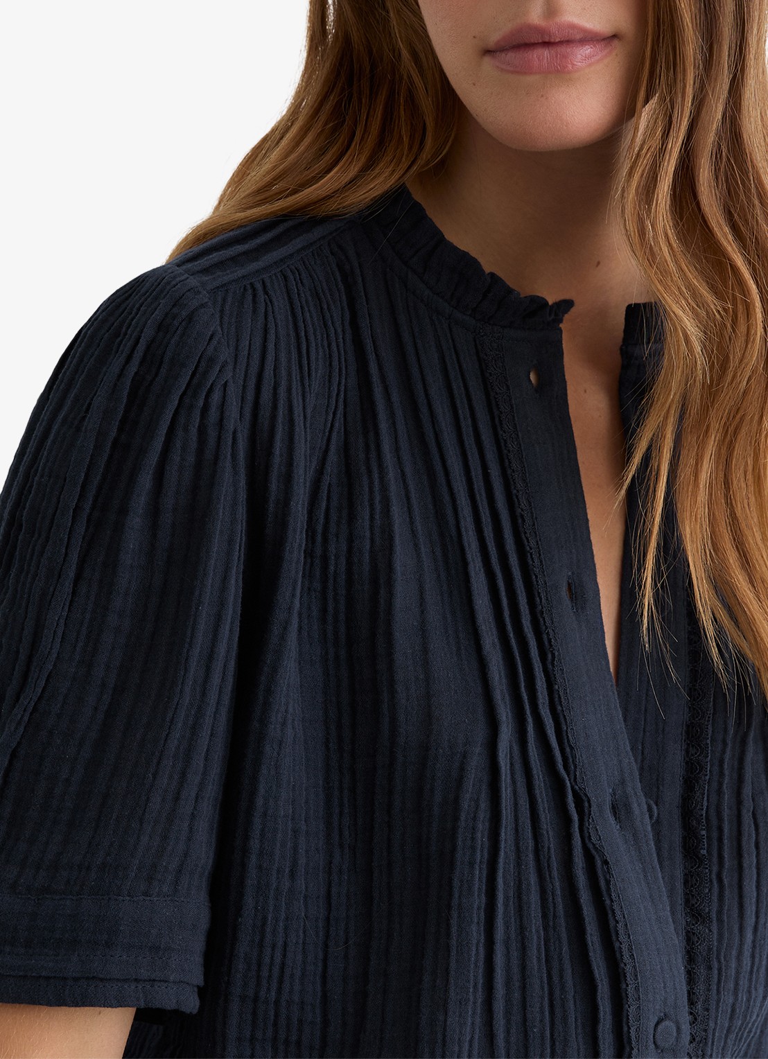 Reiss AURELIA Cotton Cheesecloth Frill-Neck Top - detail 5 donkerblauw