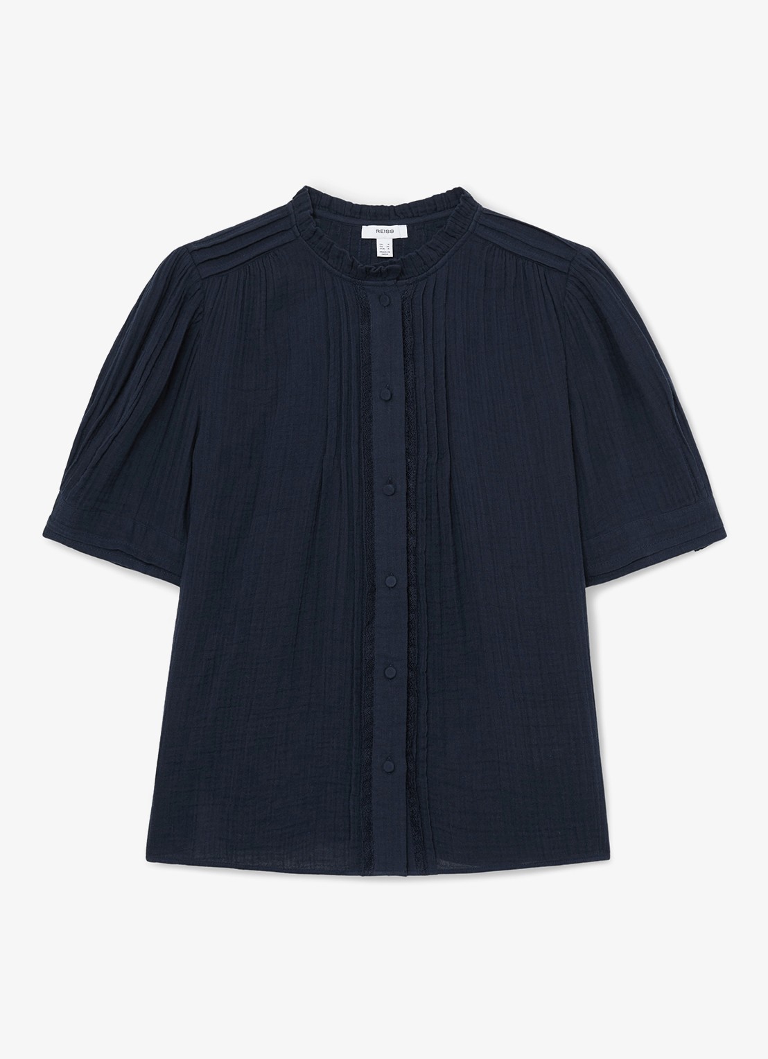 Reiss AURELIA Cotton Cheesecloth Frill-Neck Top - voorkant 2 donkerblauw