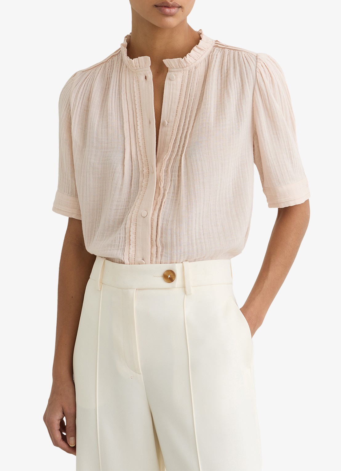 Reiss AURELIA Cotton Cheesecloth Frill-Neck Top - detail 3 roze