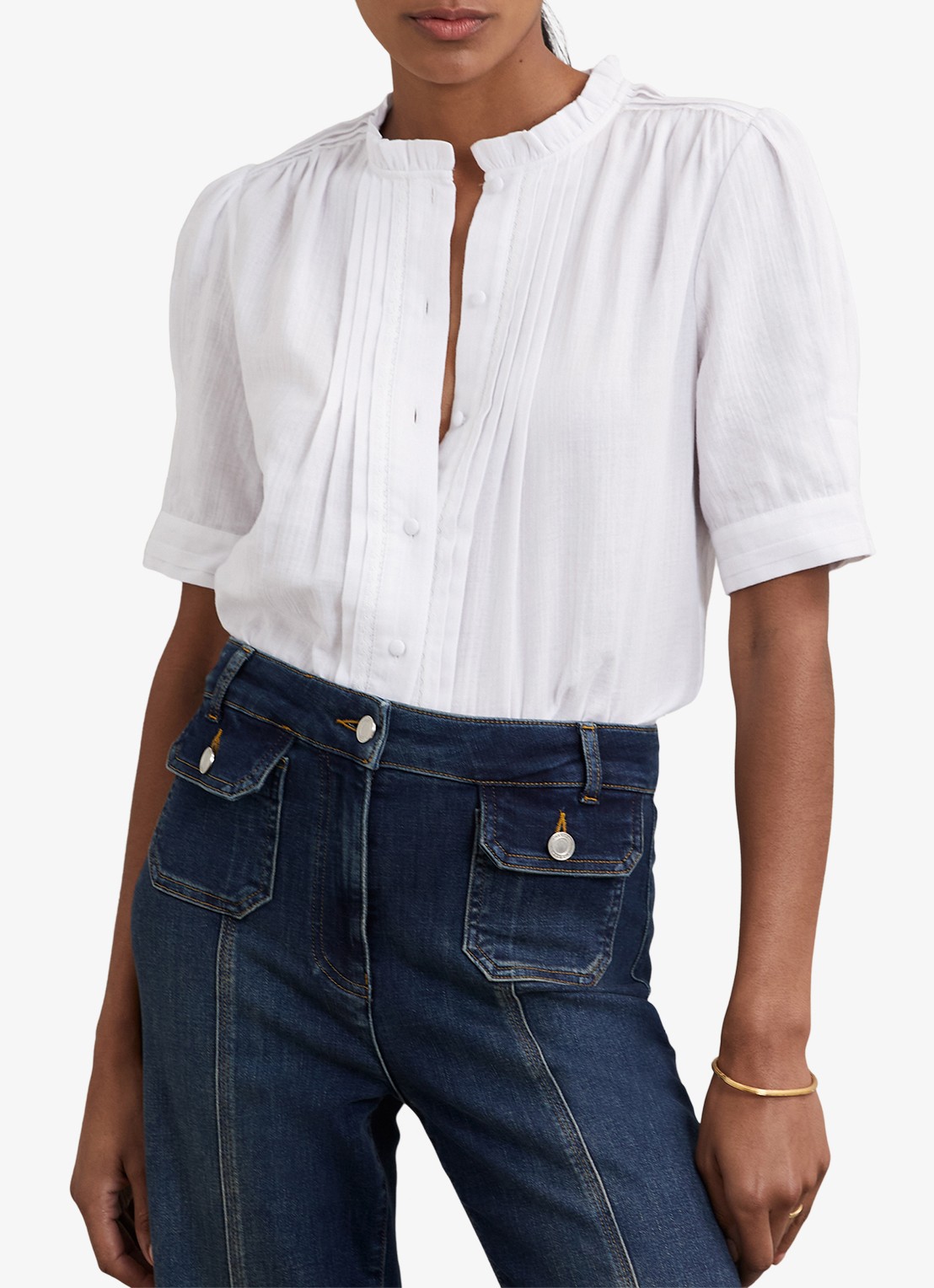 Reiss AURELIA Cotton Cheesecloth Frill-Neck Top - detail 4 wit