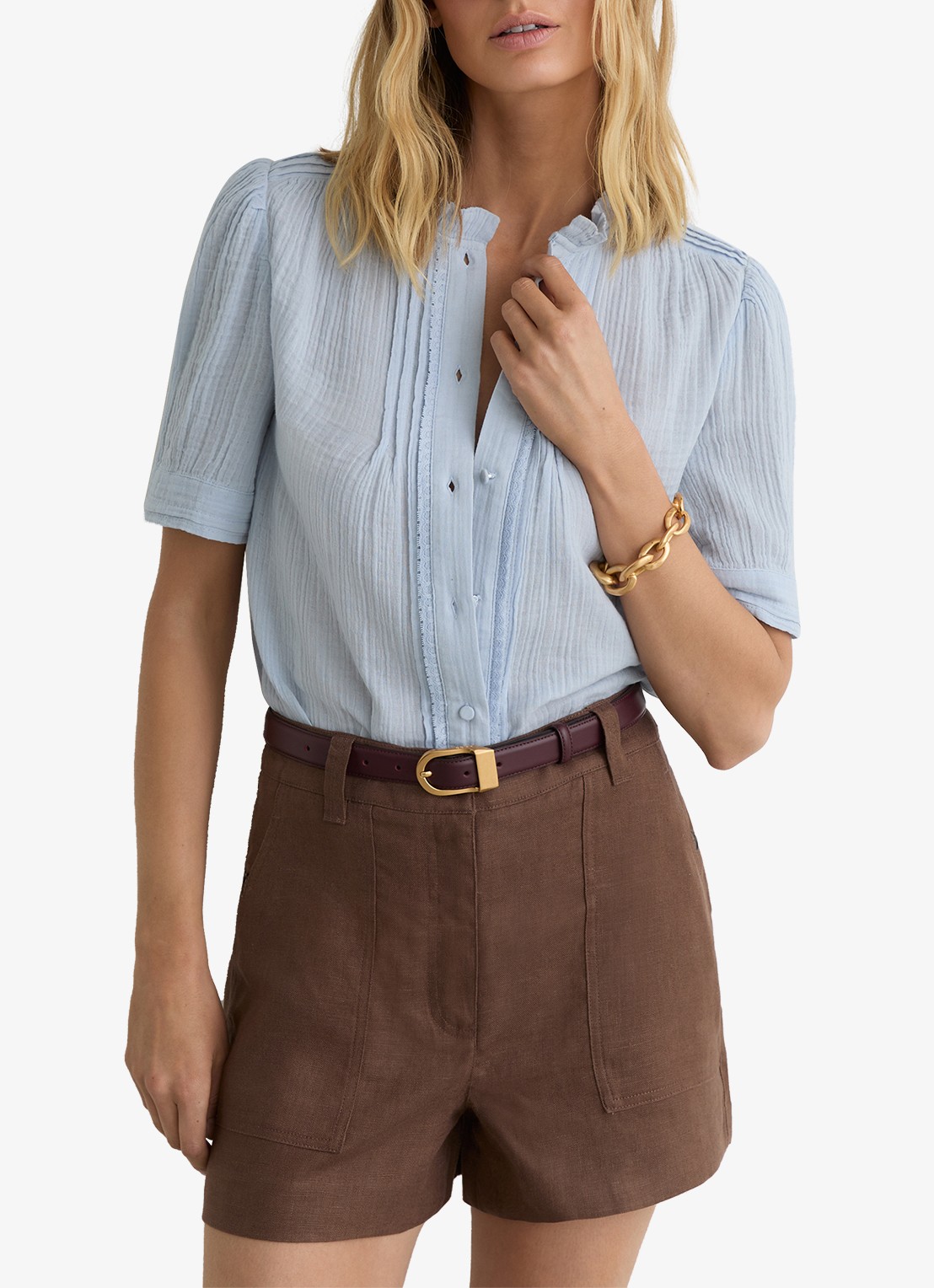Reiss AURELIA Cotton Cheesecloth Frill-Neck Top - detail lichtblauw