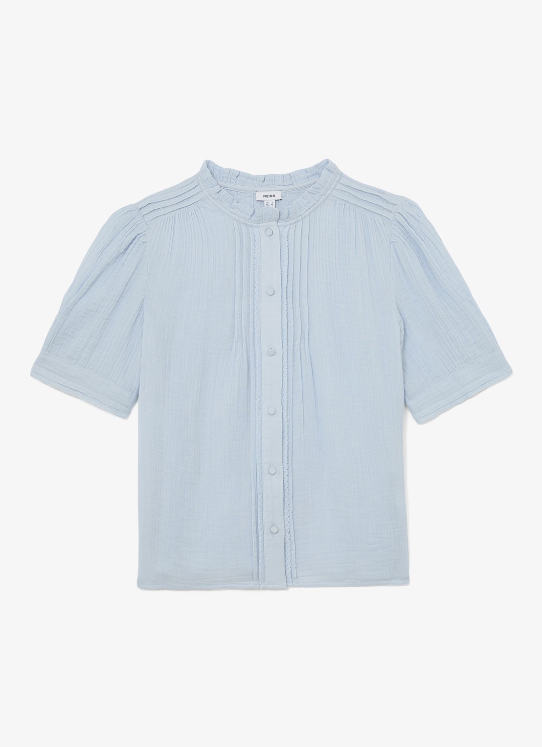 Reiss AURELIA Cotton Cheesecloth Frill-Neck Top - voorkant 5 lichtblauw