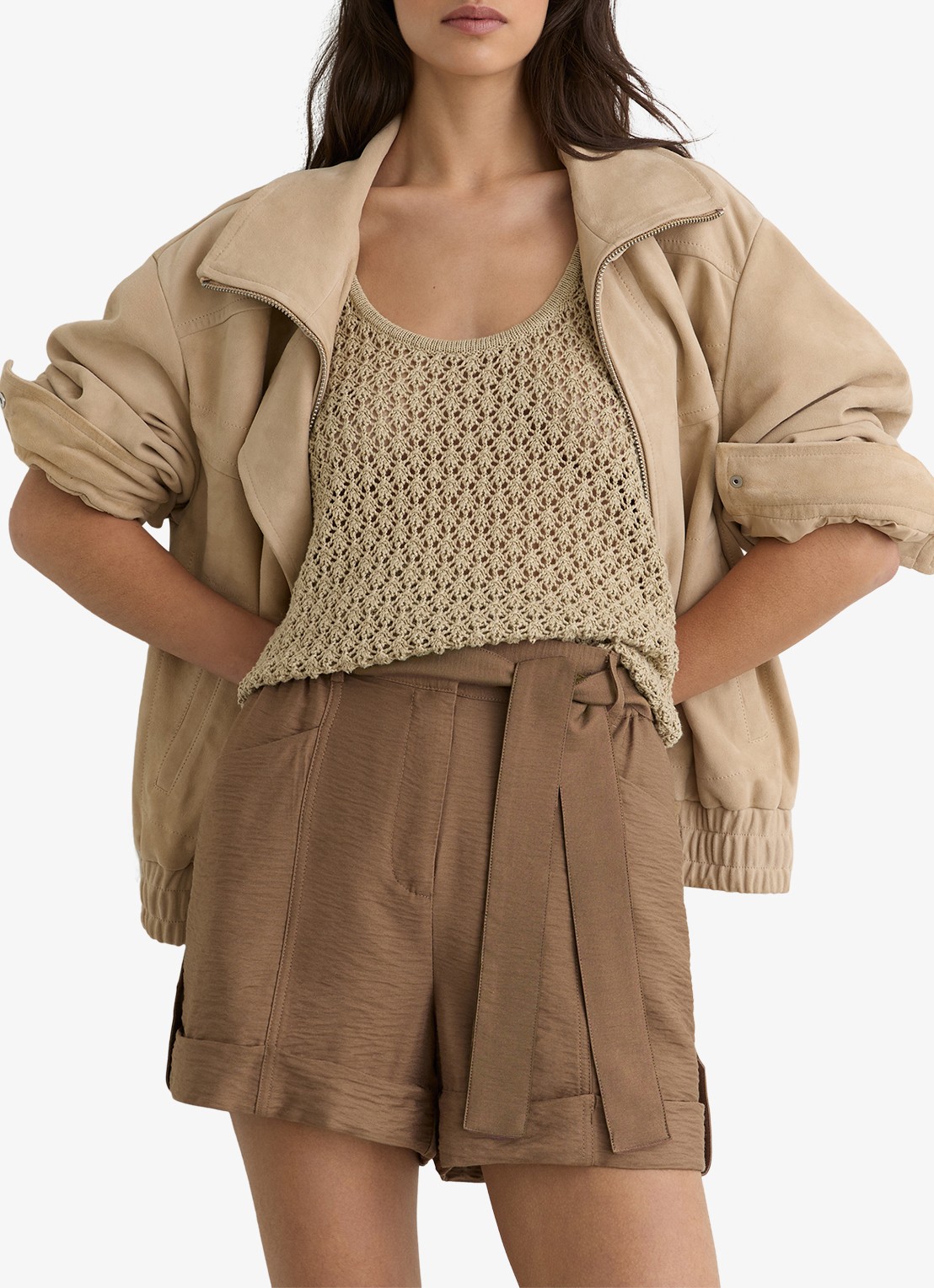 Reiss Avril high waist wide fit krote broek met strikceintuur - detail 5 bruin