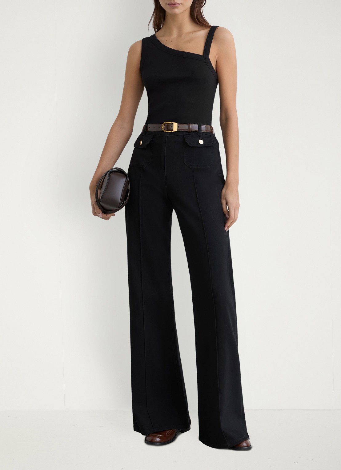 Reiss Aysha ribgebreide top met asymmetrische hals - voorkant 6 black / zwart