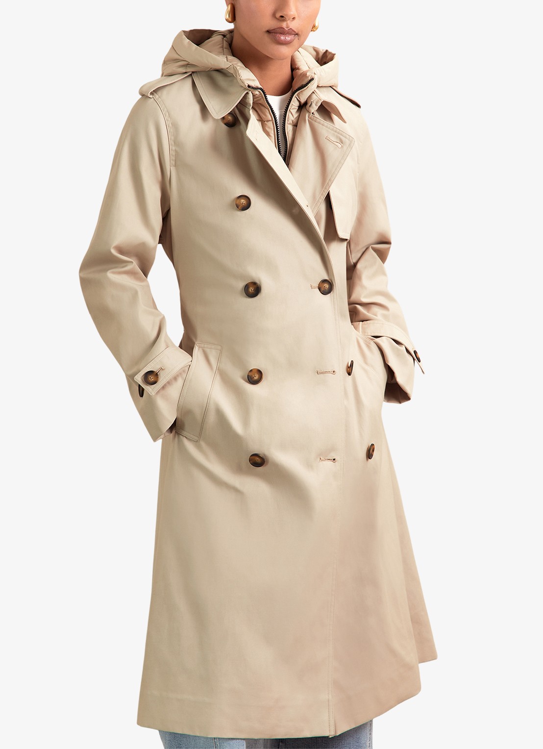 Reiss Azura double-breasted trenchcoat met afneembare capuchon - detail beige