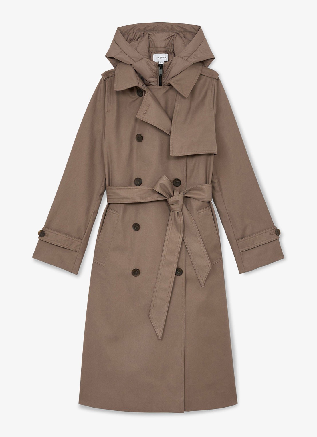 Reiss Azura double-breasted trenchcoat met afneembare capuchon - voorkant 9 beige