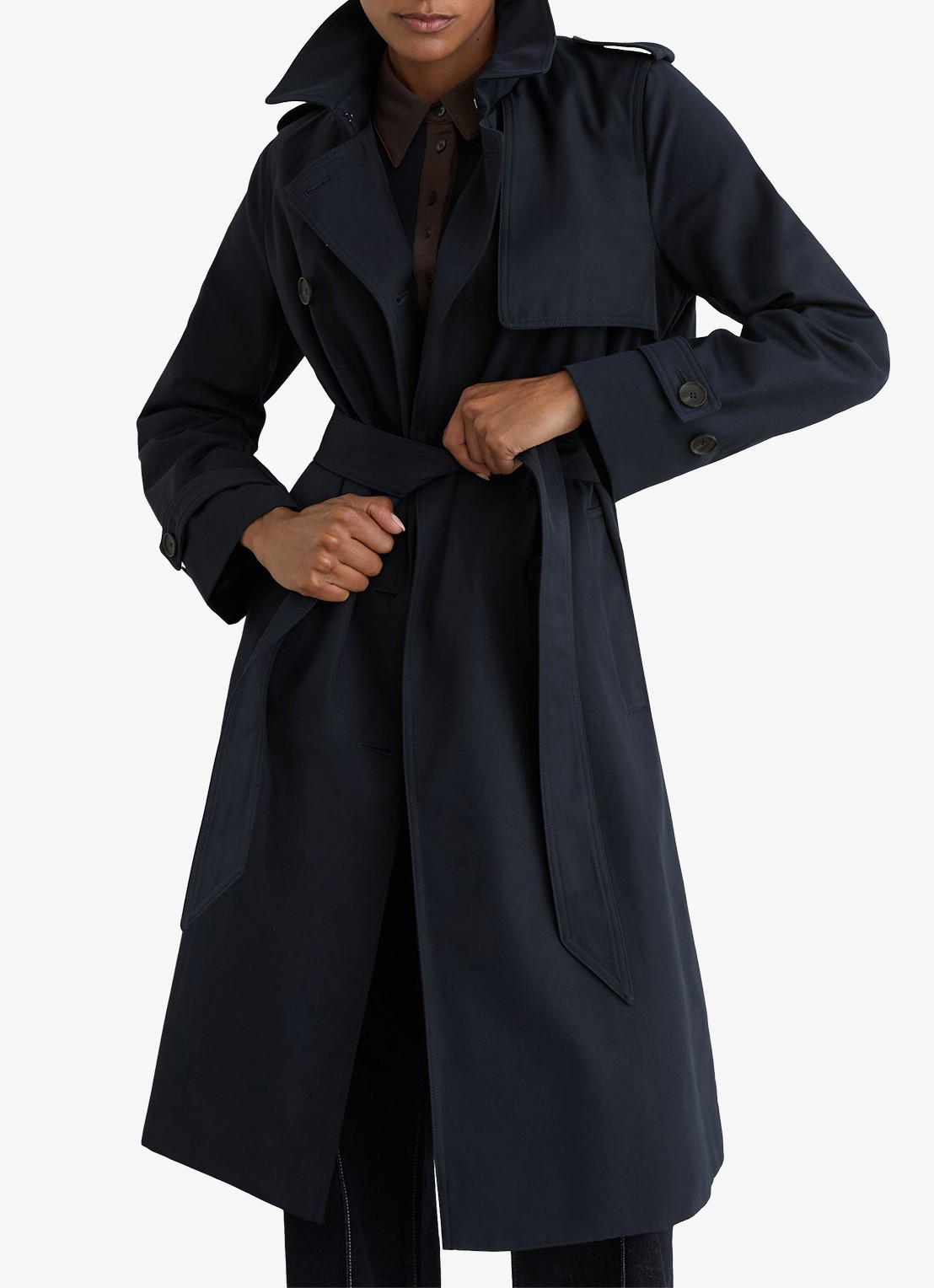 Reiss Azura double-breasted trenchcoat met afneembare capuchon - detail 3 donkerblauw
