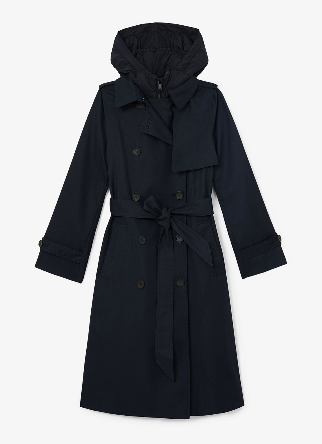 Reiss Azura double-breasted trenchcoat met afneembare capuchon - voorkant donkerblauw