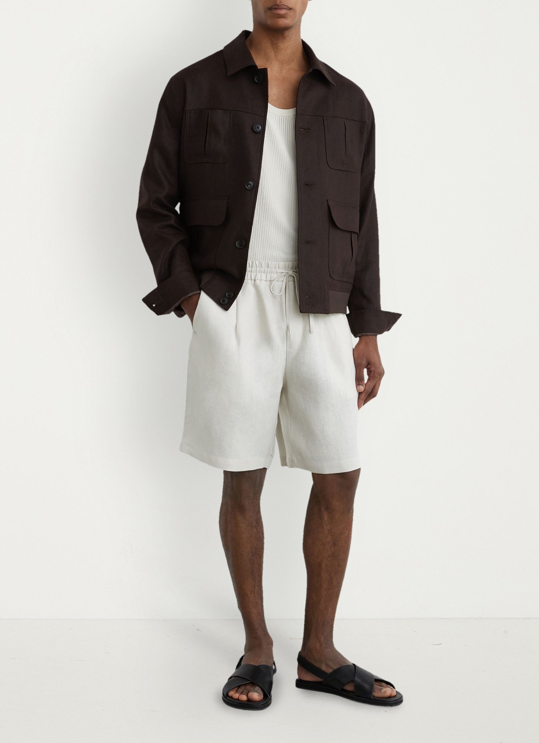 Reiss Barges straight fit korte broek van linnen - voorkant 3 stone / beige