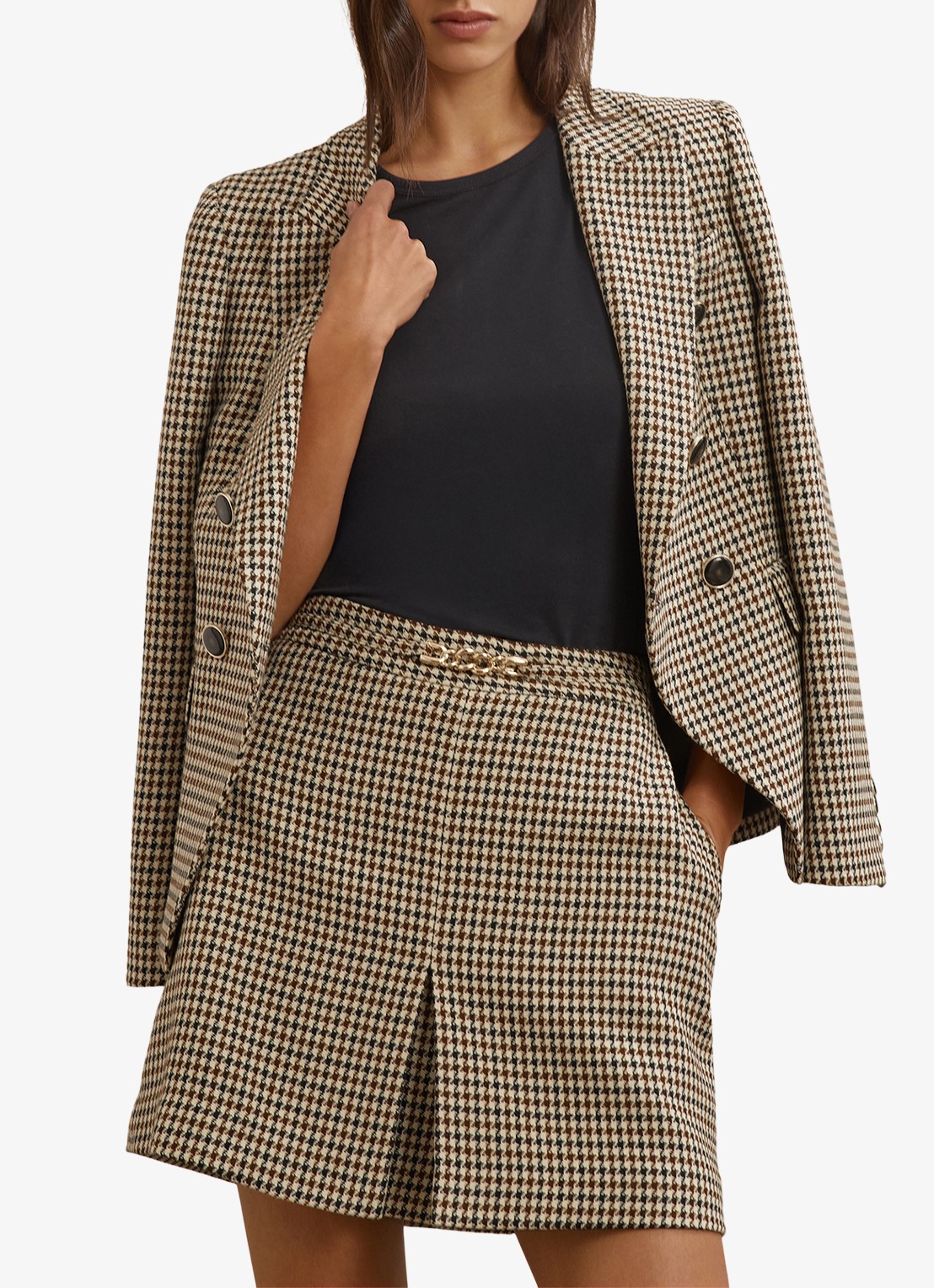 Reiss Beatrix minirok in wolblend met pied-de-poule dessin  - detail 4 beige