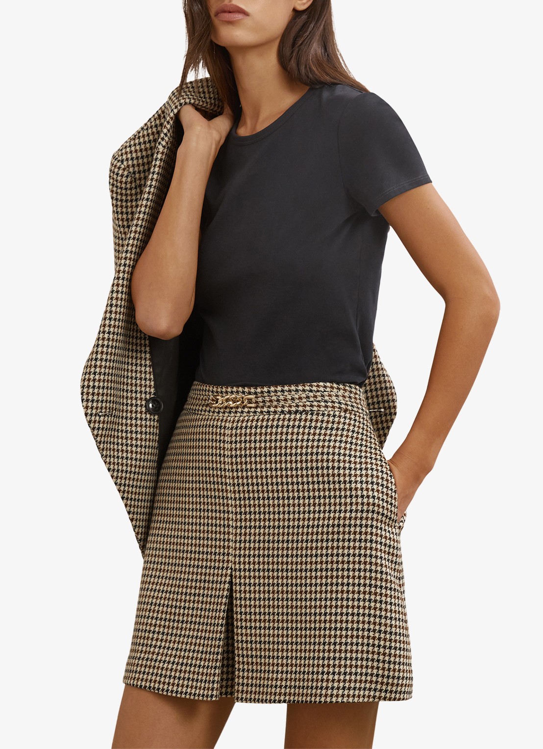 Reiss Beatrix minirok in wolblend met pied-de-poule dessin  - voorkant 3 beige