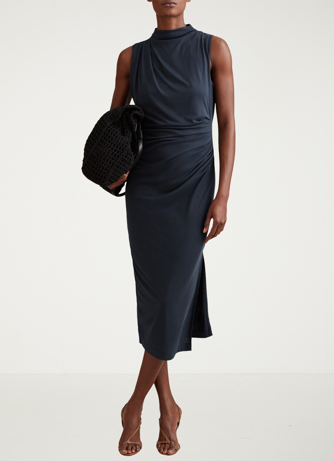 Reiss Beaux midi jurk met plooidetail - detail 3 donkerblauw