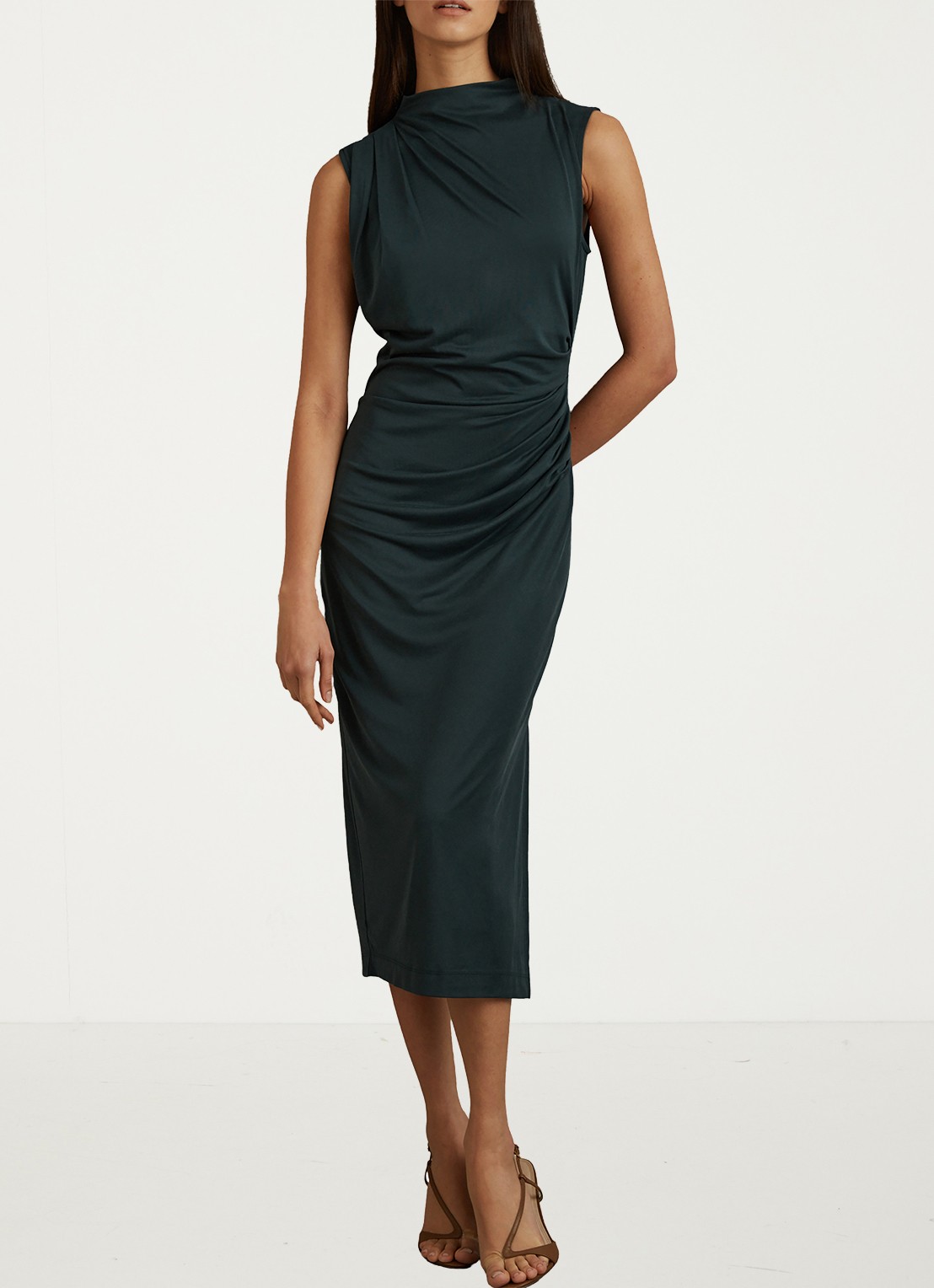 Reiss Beaux midi jurk met plooidetail - voorkant 4 groen