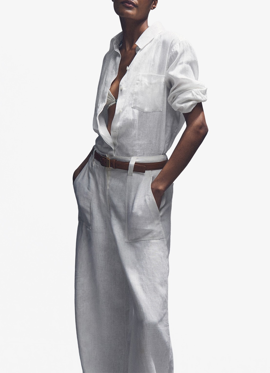 Reiss Belle blouse van linnen met borstzak - detail 3 wit