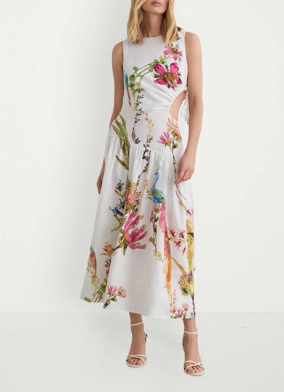 Reiss Bianca midi jurk van linnen met cut-out detail - voorkant 3 wit
