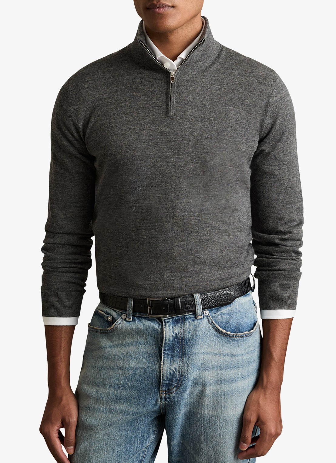 Reiss Blackhall fijngebreide pullover van merino wol met halve rits - detail 4 grijsmele